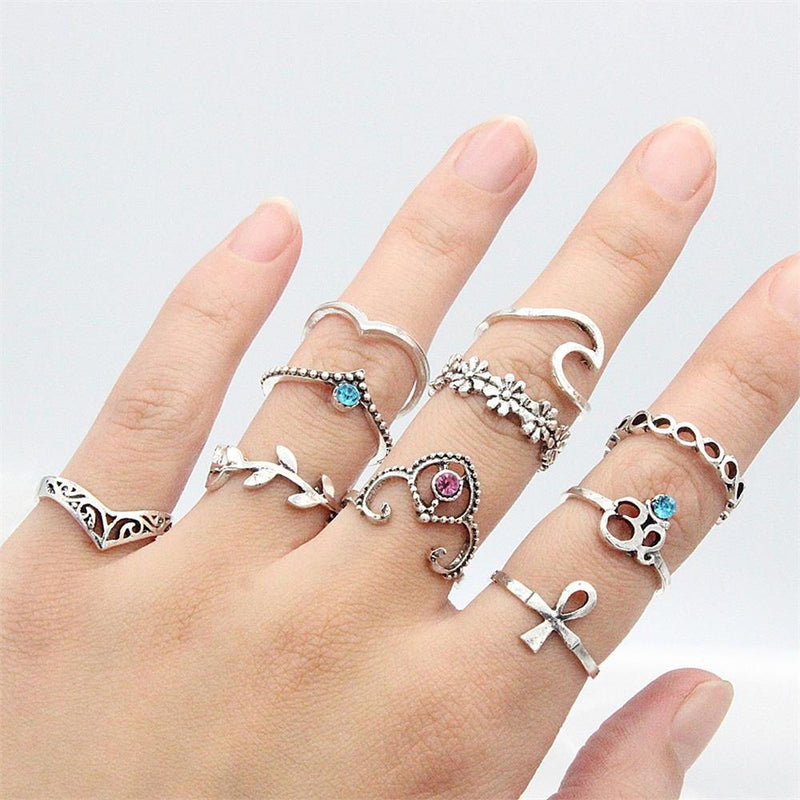 Fashion Gemstone Ring Set Crystal Sculpture Flower Leaves 10 Pieces SI-RING-002 - Special Item